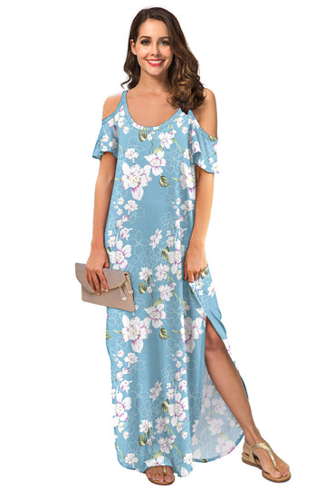 Summer Casual Loose Long Dress Strapless Strap Cold Shoulder Short Sleeve Split Maxi Dresses with Pocket Floral